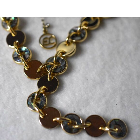 Vintage EC Y Shaped Flapper Style Abalone/Gold Tone Disc Link Statement Necklace - Picture 4 of 4